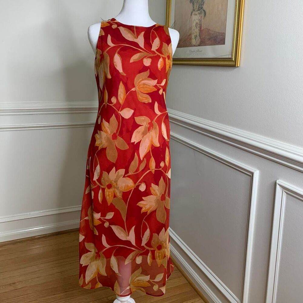 Vintage 90’s red floral autumn midi dress